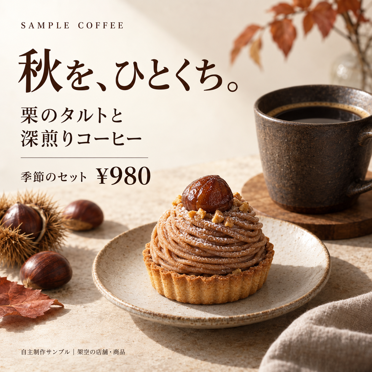 秋を、ひとくち。栗のタルトと深煎りコーヒー、季節のセット980円。架空店舗の自主制作広告。